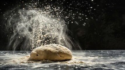 The background of the image is black, with flour sprinkled on the dough - obrazy, fototapety, plakaty