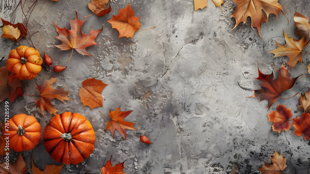 Poster thanksgiving and autumn decoration concept made from autumn leaves and pumpkin on stone background f