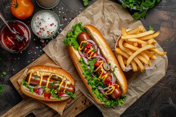 Tasty Hotdog with french fries, soft drink on restaurant table - obrazy, fototapety, plakaty