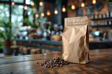 A brown paper coffee bag with fresh beans in front, placed on a wooden counter of a stylish cafe