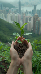woman's hands holding a tree sprout in the foreground, with the city in the background