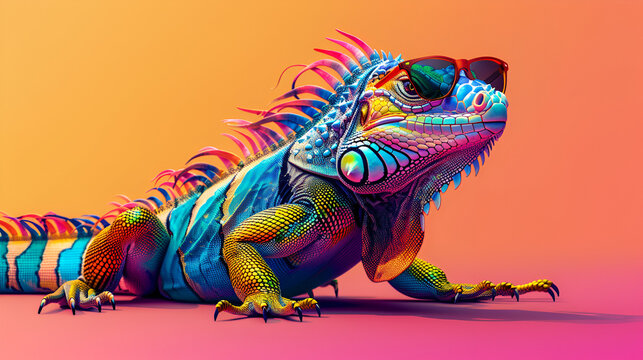 Cartoon colorful iguana with sunglasses on isolated background