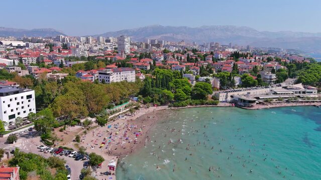 Split, Croatia: Aerial view of famous Mediterranean city by Adriatic Sea, Bacvice Beach (Plaža Bačvice), summer day with clear blue sky - landscape panorama of Europe from above
