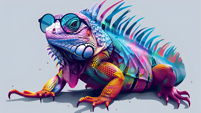 Cartoon colorful iguana with sunglasses on isolated background
