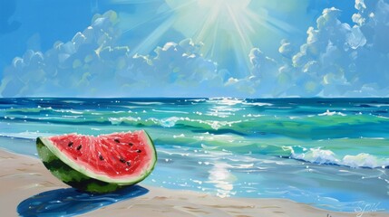 Glistening watermelon slice on sunlit tropical beach pops with vibrant reds and greens against serene blue ocean backdrop - obrazy, fototapety, plakaty