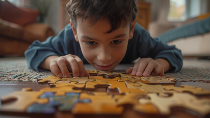 A boy concentrating on assembling a jigsaw puzzle.