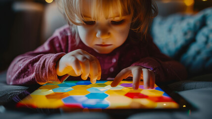 Toddler girl concentrating on a colorful puzzle. - obrazy, fototapety, plakaty