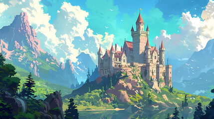 castle at the hill of a scenic landscape, generative Ai