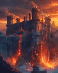 Fototapeta premium Ancient castle with melting towers, fantasy style, twilight, wide angle, eerie mood ,Hyper realistic photography