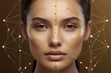 Golden ratio of the female face. The concept of beauty, surgical interventions, model appearance. Making Beauty, modifying face to make it closer to the golden mask.