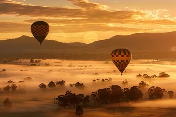 two hot air balloons floating above the fog in the sky during sunset in the evening in a desert with some grass