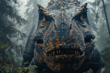 A massive dinosaur looming from the fog, showcasing detailed scales and intense eyes, emanating an...