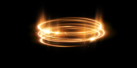 Glowing golden spiral. Speed ​​abstract lines effect. Rotating shiny rings. Glowing circular lines. Glowing ring trail. Vector.
