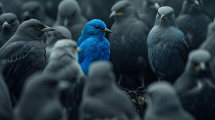 a vibrant blue bird among a group of gray birds, symbolizing leadership and uniqueness, creative, photorealistic style