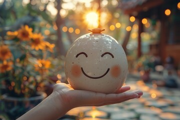Warm scene of a hand holding a happy face ceramic ornament, with sunlight creating a natural glow, conveying happiness and simplicity