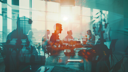 Abstract concept of teamwork with a double exposure effect showing a corporate team in a meeting room, planning and strategy overlaid - obrazy, fototapety, plakaty