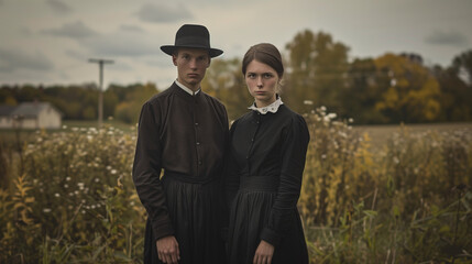 Distinctive attire and modest clothing worn by members of the Amish community.