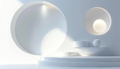a full modern blooming white wall background with spheres and balls and curves in the shell during sunshine in a futuristic living room