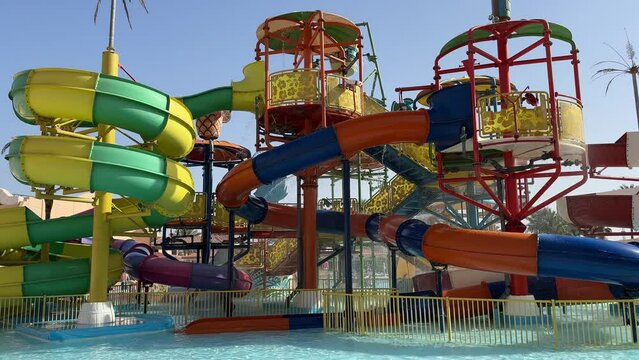 Childrens splash zone waterpark, Kids having fun relish in the water fun at hotel aquapark, perfect family friendly summer attraction for tourism and leisure 0.03.2024 Hurgada Egypt.