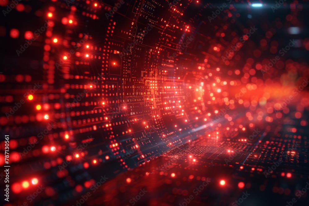 Poster image implying a matrix-style digital code data stream with intense red light highlights