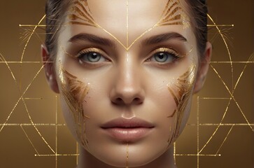 Golden ratio of the female face. The concept of beauty, surgical interventions, model appearance. Making Beauty, modifying face to make it closer to the golden mask.
