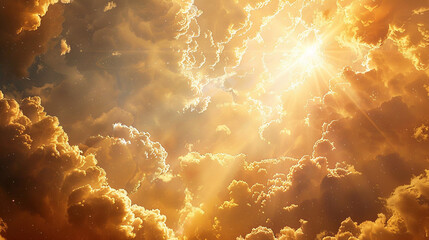 Celestial display of white and golden clouds with sunbeams breaking through, illustrating the...