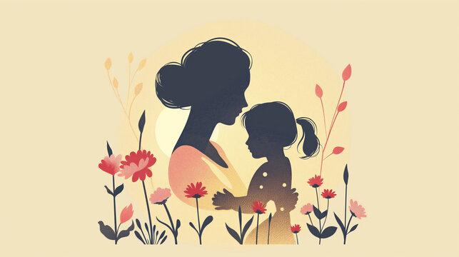 Mother’s day celebration creative illustration. Mommy and child together, greeting card for a mom to her birthday or international Mother’s Day. Holiday of all mother’s of the world. 