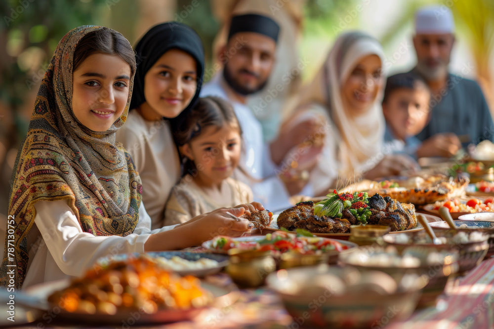 Wall mural eid al-adha concept - a muslim family sitting around a festive table enjoying a meal together