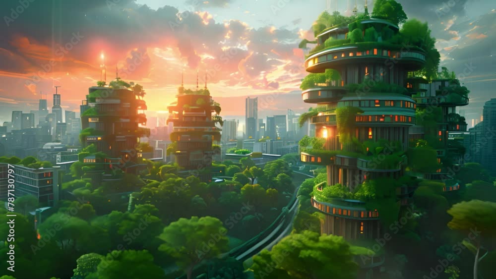 Poster a modern city with futuristic architecture nestled among lush trees and surrounding buildings.