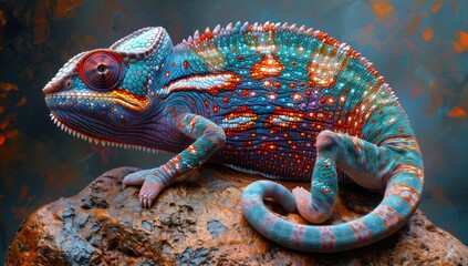 A colorful chameleon, a terrestrial animal and a scaled reptile, is perched on a rock. Its electric blue pattern makes it a work of art in nature - Powered by Adobe