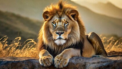 A close up of a lion laying on the ground with it's front paws on the ground