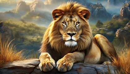 A close up of a lion laying on the ground with it's front paws on the ground