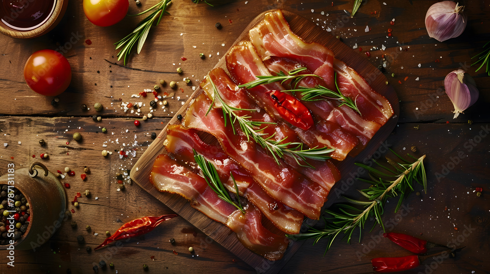 Poster bacon slice fresh meat strips pork cooking appetizer meal food snack on the table copy space food ba