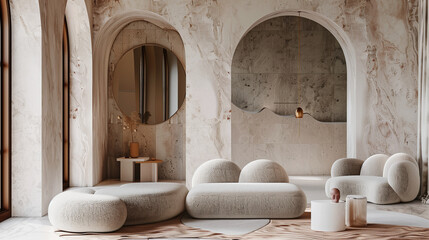 A living room with a stone archway and a stone wall
