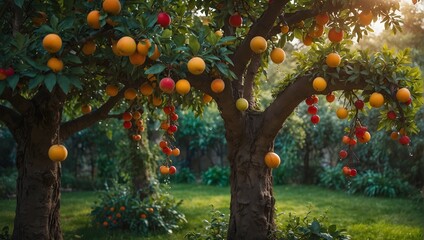 A fruit tree in an enchanted garden, with fruits that sparkle like jewels Generative AI