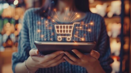 Image of a girl holding a tablet and touching the shopping cart icon. Online shopping concept. - obrazy, fototapety, plakaty