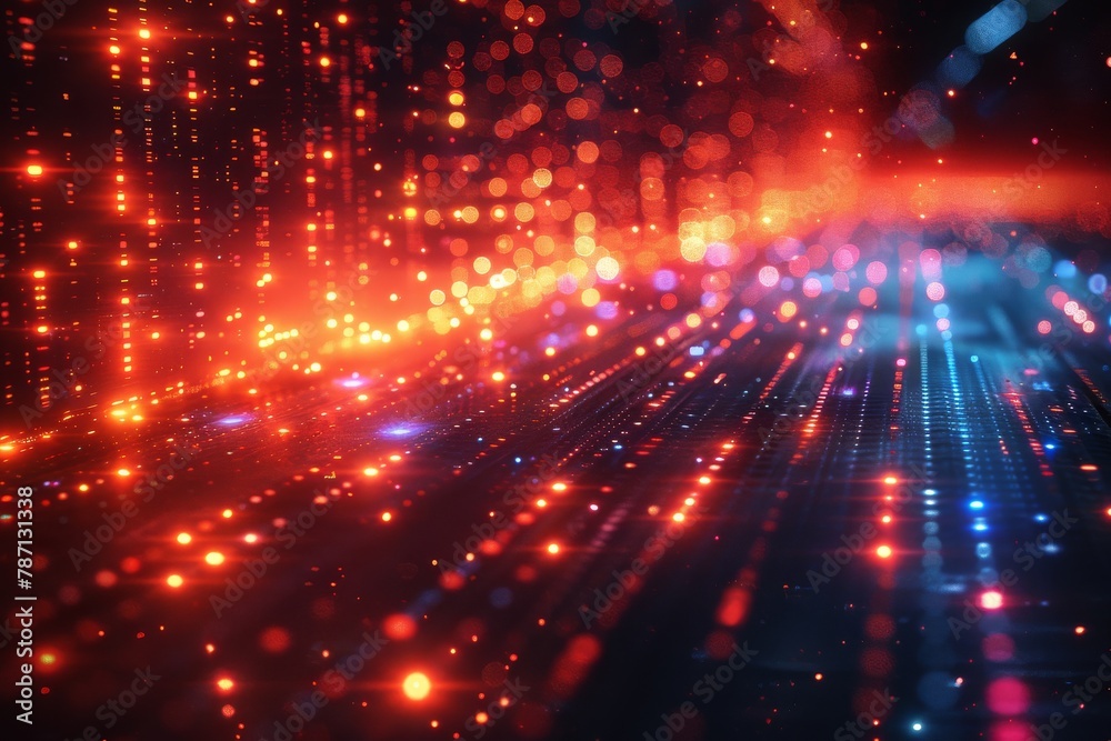 Poster a dynamic display of red and blue lights representing a data stream giving an impression of speed an