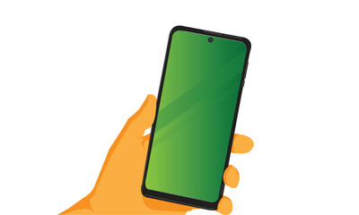 One hand holding smartphone with green screen problem. Flat design vector illustration.