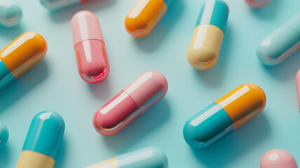 close-up of antimicrobial capsule pills in varying colors against a neutral backdrop, emphasizing the issue of drug resistance in a photorealistic style, copyspace available for text - obrazy, fototapety, plakaty