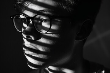black and white portrait of a guy with glasses