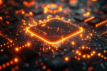 Close-up on a orange glowing microchip that gives off a high-tech, sophisticated feel, emphasizing modern technology development