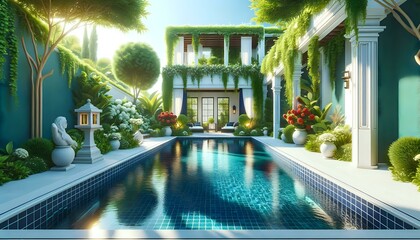 Luxurious Tropical Pool Garden - obrazy, fototapety, plakaty