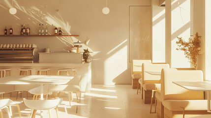Warm Glow: Beautiful Modern Coffee Shop with Abstract Golden Hour Lighting.