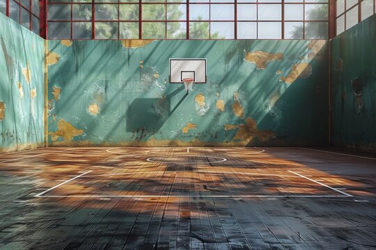 Vintage basketball court with peeling green wall paint and sunlight streaming through the windows, showcasing decay but also resilience
