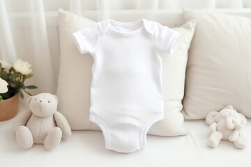 Baby white shirt bodysuit mockup, at white bed background. Design template, print presentation mock-up print on demand, white t-shirt, white teddy bear