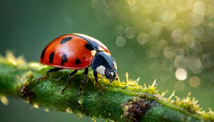 Obraz premium Macro ladybug in nature green background