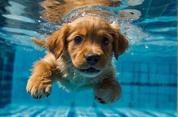 Underwater funny photo of golden labrador retriever puppy in swimming pool - jumping, diving deep down. Actions, training games with family pets and popular dog breeds on summer vacation. AI