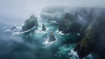 Coastal rocks Ireland fog aerial peaceful landscape freedom scene beautiful nature wallpaper photo