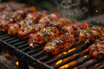 Perfectly grilled BBQ chicken wings engulfed in smoke, hinting at the smoky flavor infused within