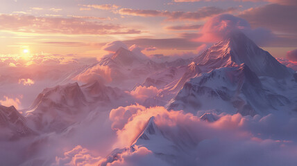 detailed and realistic image of a mountain range covered in thick snow, with low clouds clinging to the peaks at sunset
